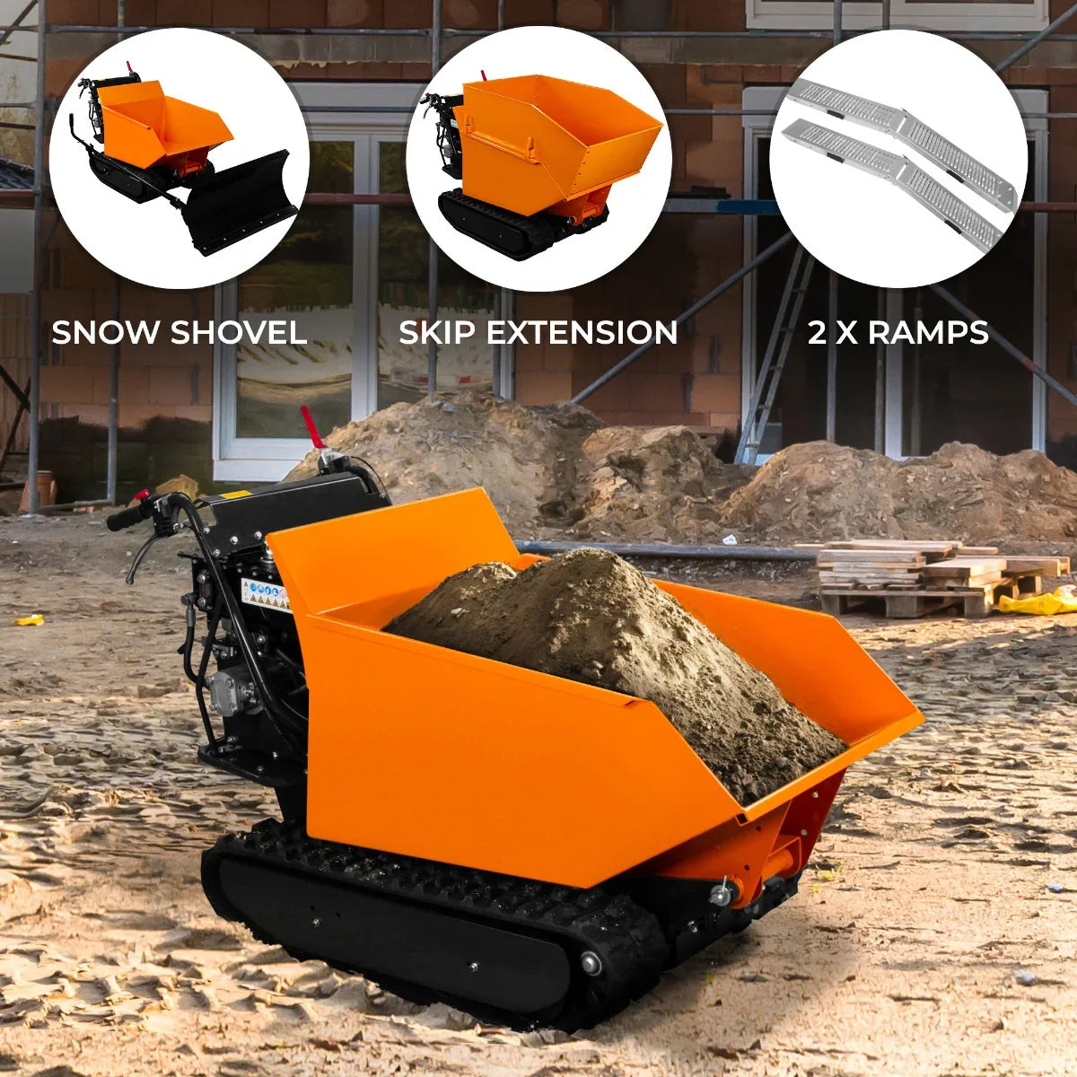 Tracked Mini Dumper Petrol Tipper with bright orange skip, black tracks, and ramps, ideal for transporting soil and materials on construction sites