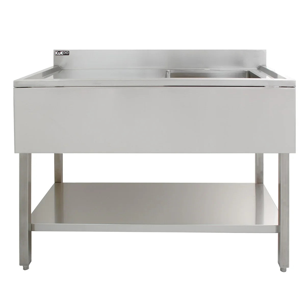 KuKoo stainless steel catering sink with left hand drainer, featuring a sleek design, smooth surface, and sturdy legs for stability