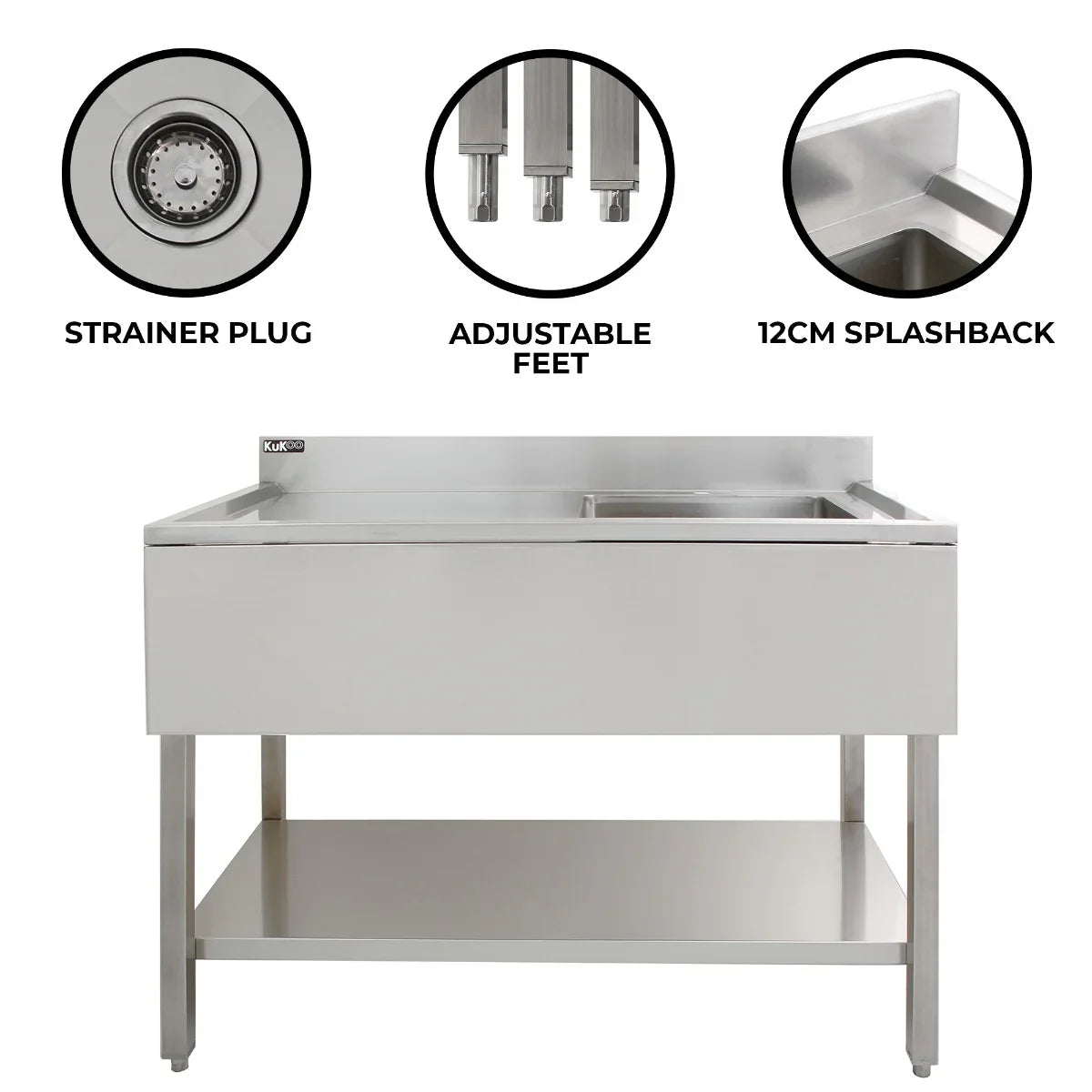 KuKoo stainless steel catering sink with left hand drainer, featuring a strainer plug, adjustable feet, and 12cm splashback