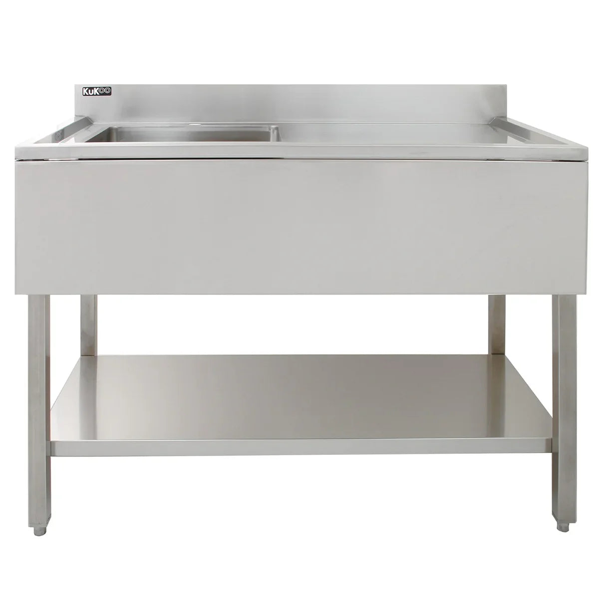 KuKoo stainless steel catering sink with right-hand drainer, featuring a sleek design, smooth surface, and sturdy base for commercial use