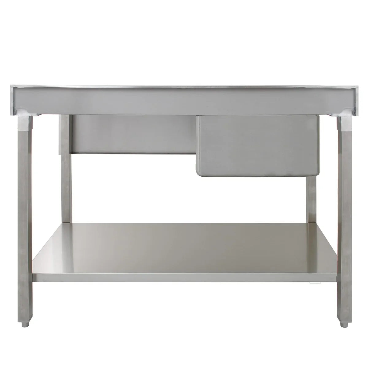 Stainless steel catering sink with right-hand drainer, featuring a sleek surface, sturdy legs, and a spacious lower shelf for storage