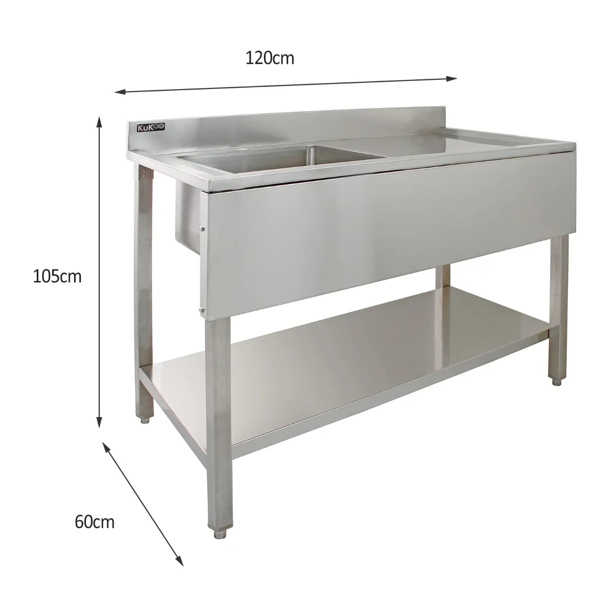 KuKoo stainless steel catering sink with right hand drainer, featuring a sleek design, spacious basin, and sturdy support legs