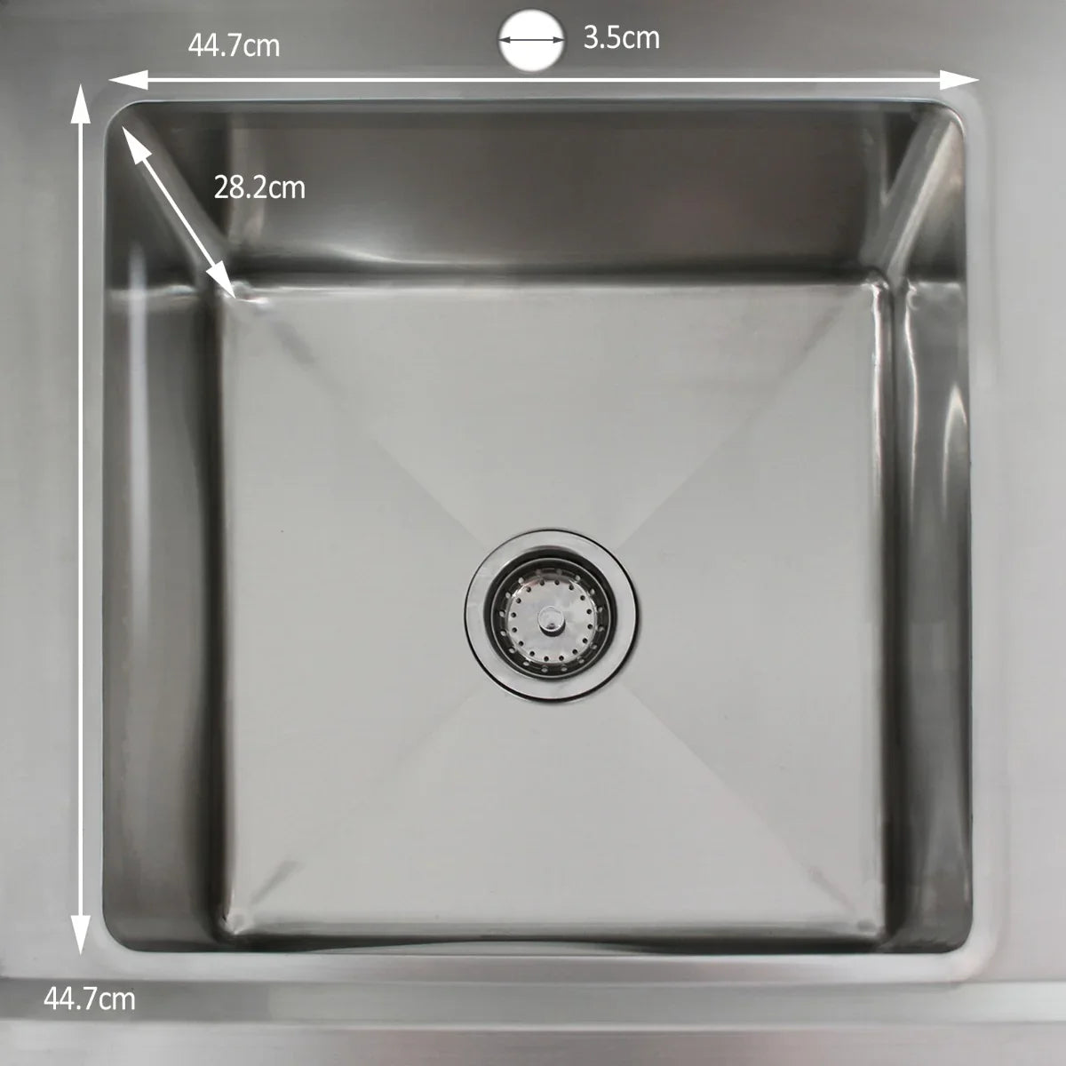 KuKoo stainless steel catering sink with right-hand drainer, featuring a square basin, polished surface, and precise dimensions