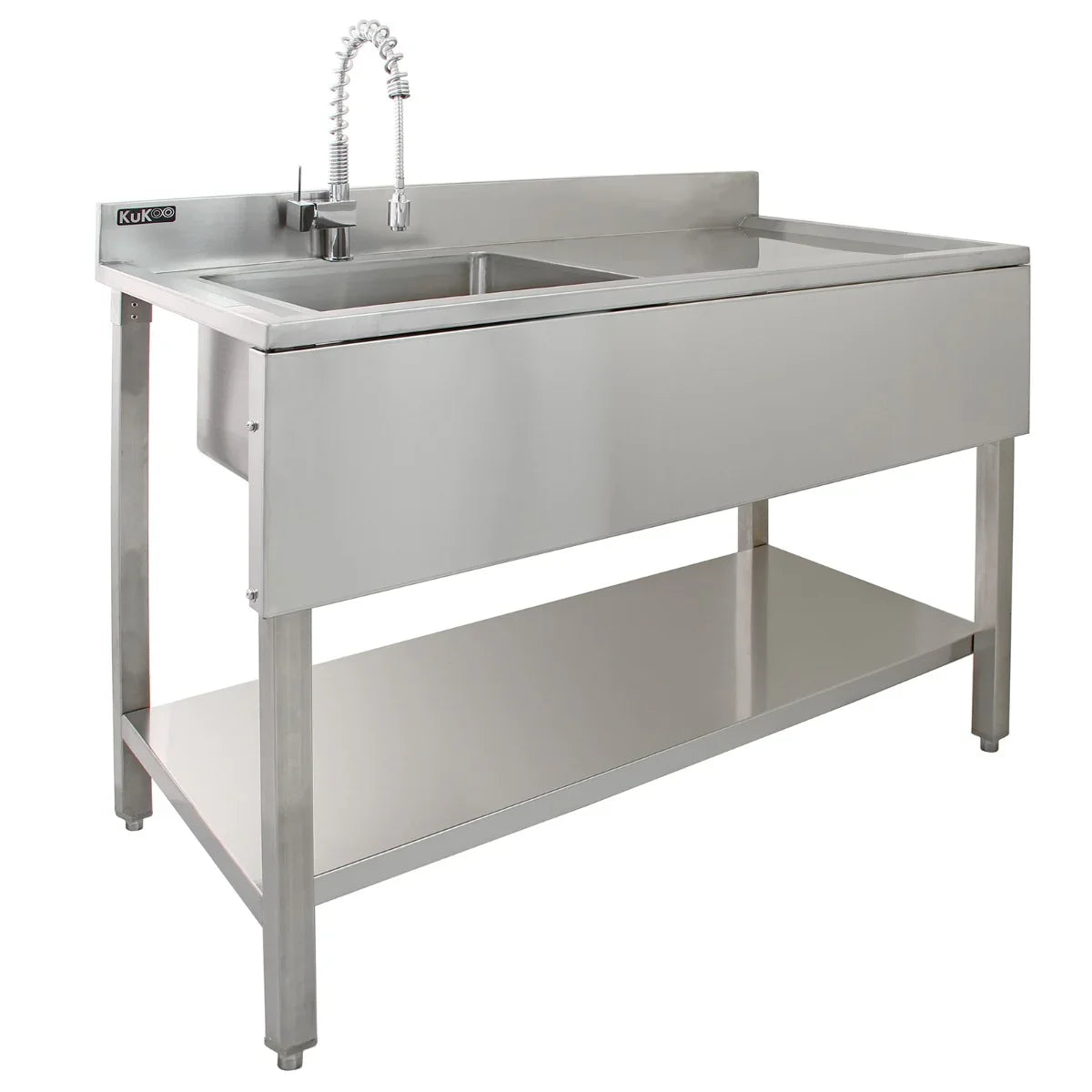 KuKoo stainless steel catering sink with right-hand drainer, featuring a sleek design, polished finish, and sturdy base shelf