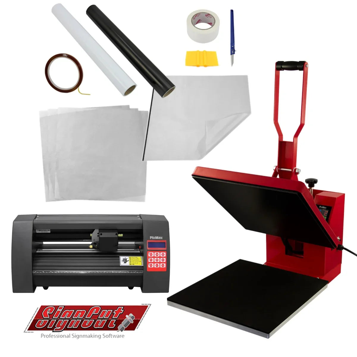 Clam Heat Press 38x38cm with red handle, vinyl cutter, tools, and materials for crafting, showcasing essential sign-making equipment