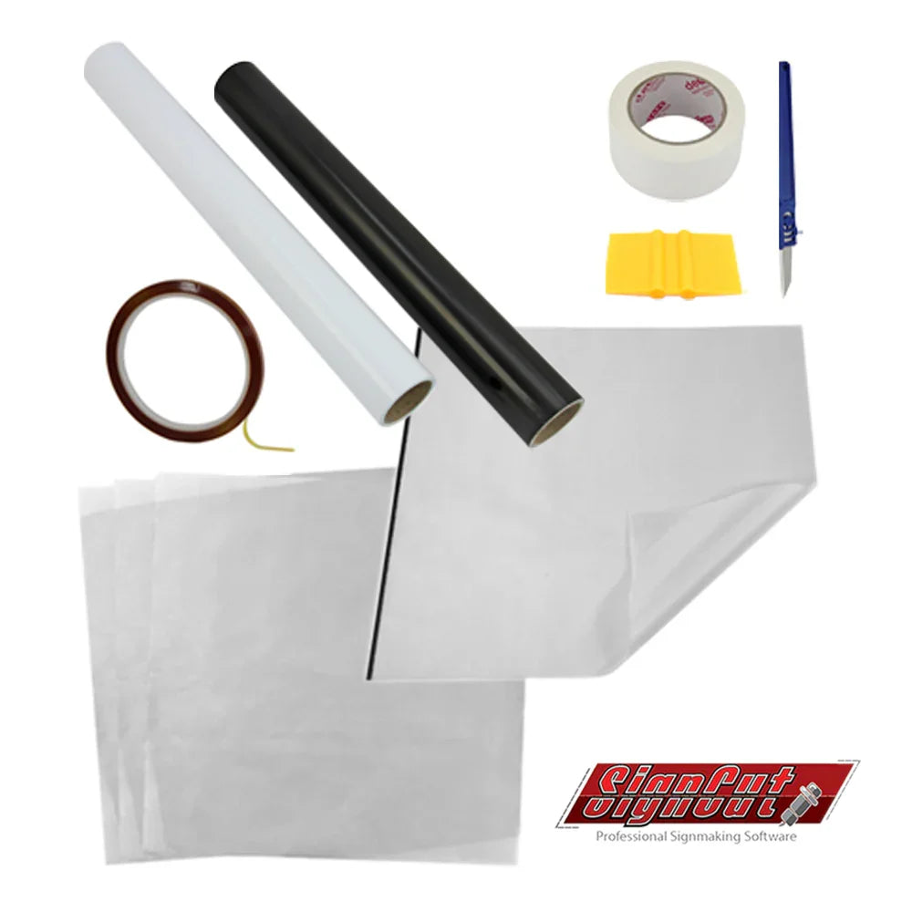 Clam Heat Press bundle with 38x38cm press, vinyl cutter, rolls of black and white vinyl, transfer tape, and cutting tools