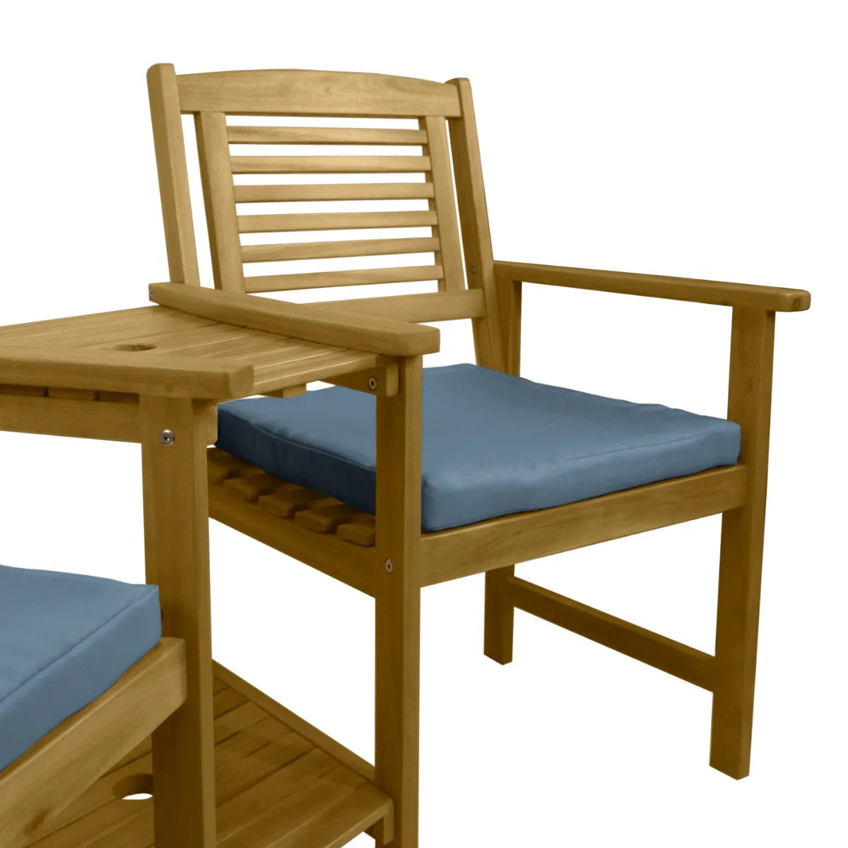 Natural wood companion seat with blue cushions, featuring slatted backrest and armrests, perfect for outdoor relaxation