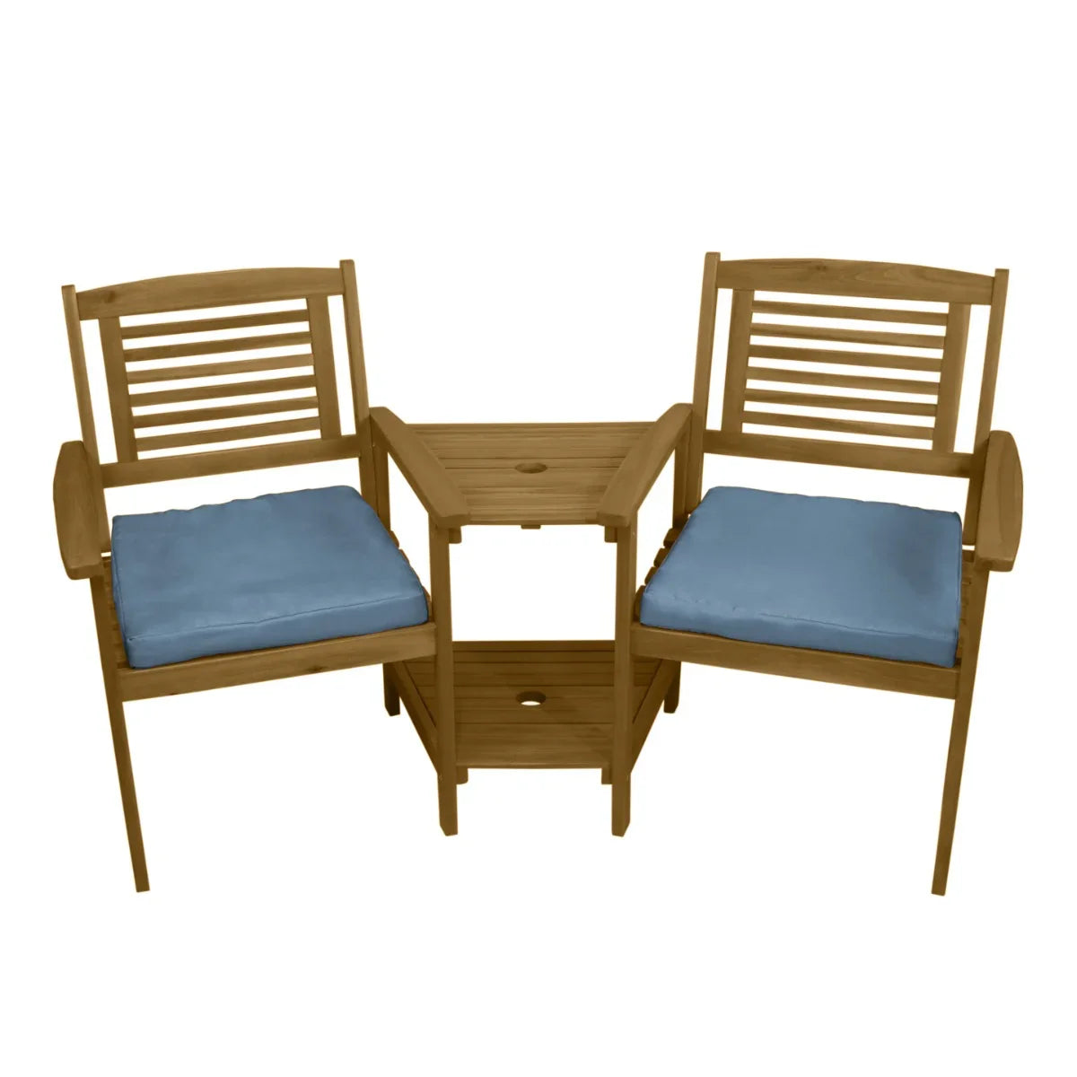 Companion seat set with two wooden chairs featuring blue cushions and a central table, perfect for outdoor relaxation and gatherings