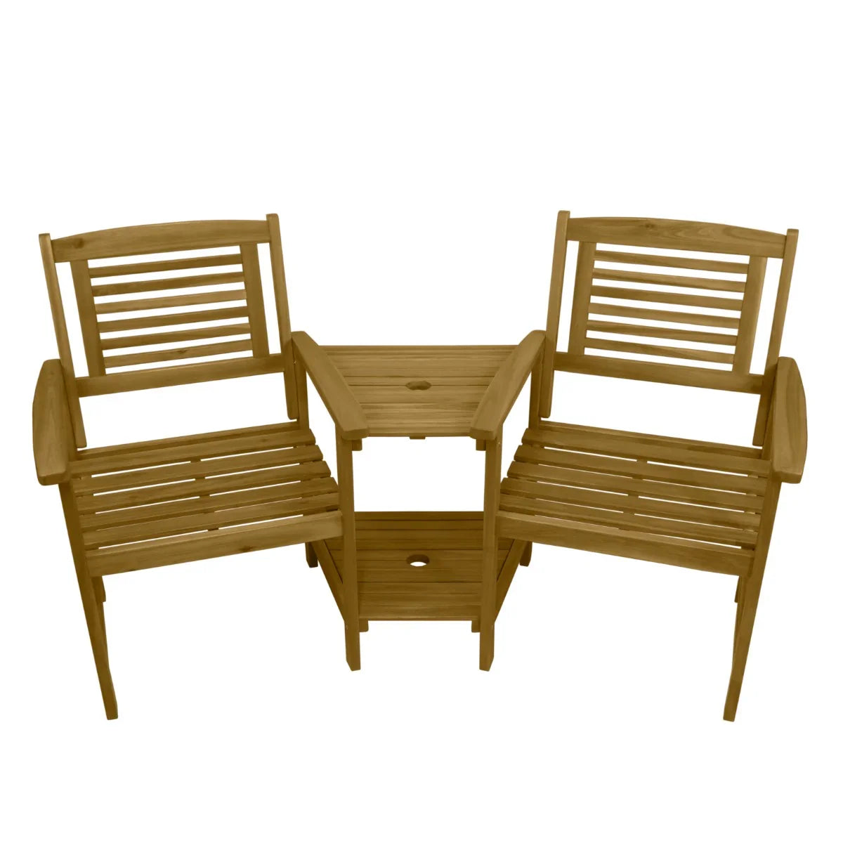 Wooden companion seat with slatted design, featuring two chairs and a central table, perfect for outdoor relaxation