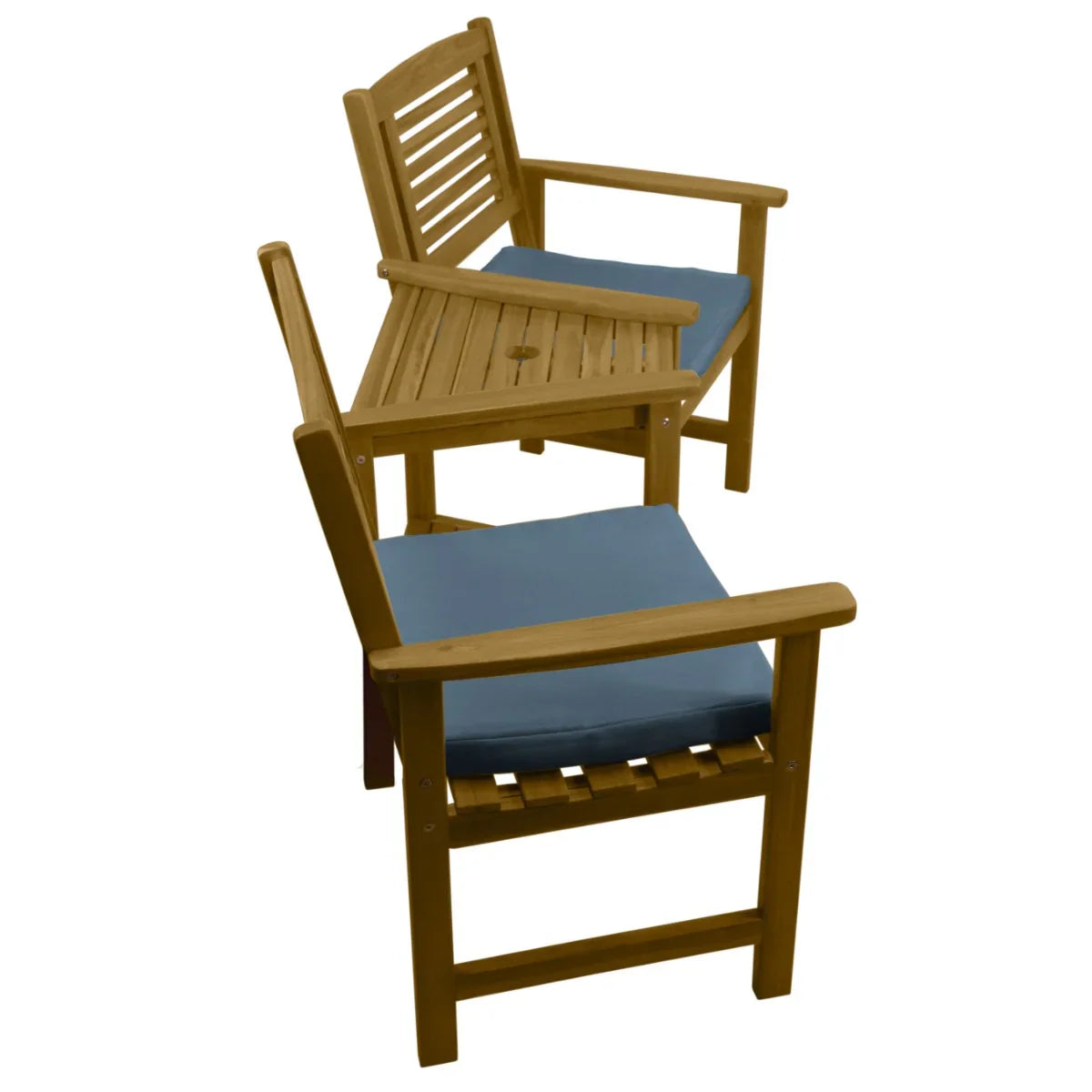Companion seat with blue cushions, featuring a slatted wooden design and sturdy armrests, perfect for outdoor relaxation