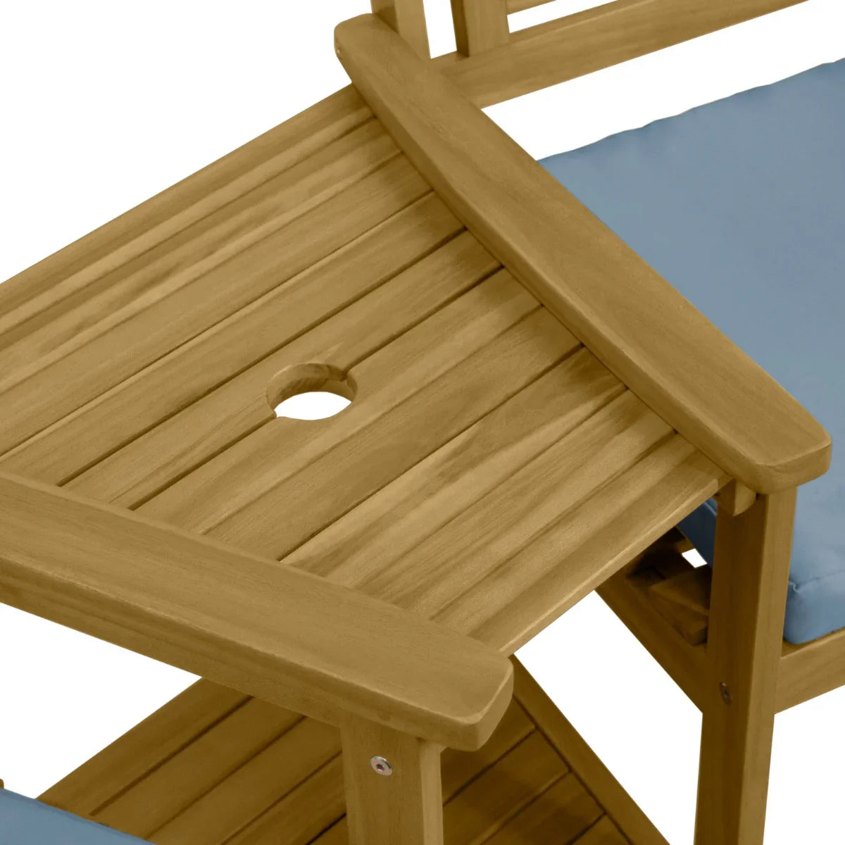Light brown wooden companion seat with blue cushions, featuring slatted design and a central hole for umbrella support