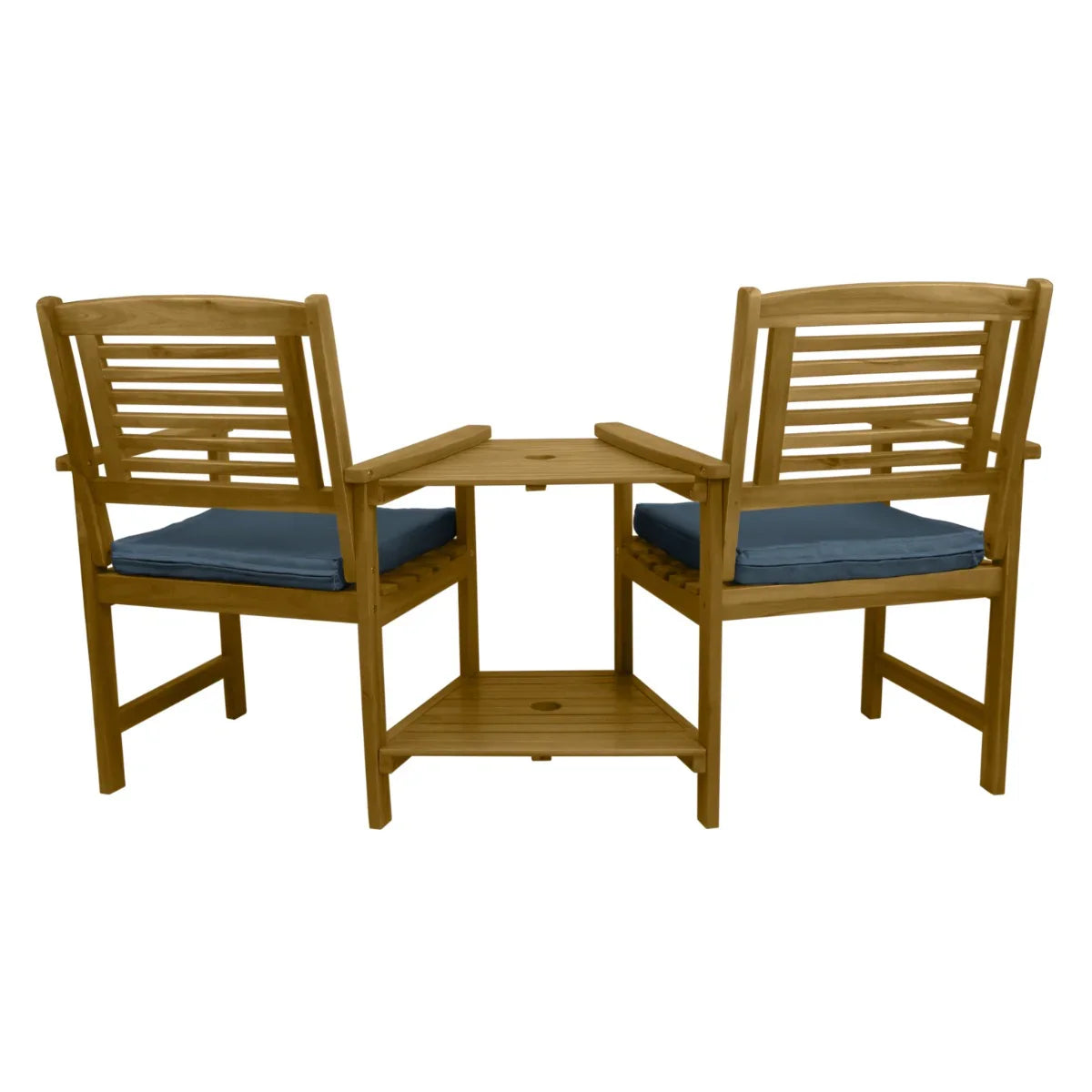Wooden companion seat with blue cushions, featuring slatted backs and a central table for drinks, perfect for outdoor relaxation