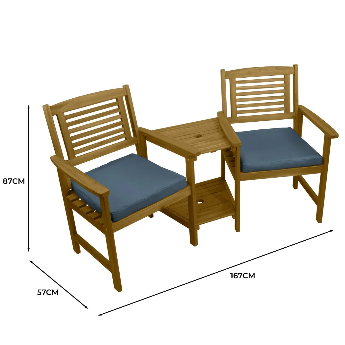 Two wooden companion seats with blue cushions and a central table, featuring slatted backs and a natural finish, ideal for outdoor use