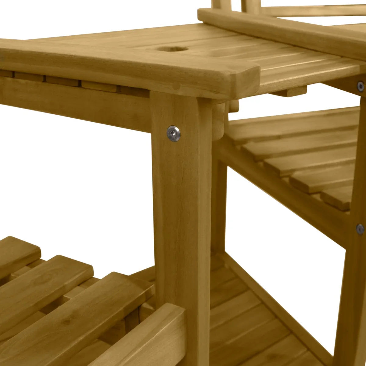 Natural wood companion seat with cushions, featuring slatted design, sturdy construction, and a central umbrella hole for outdoor use
