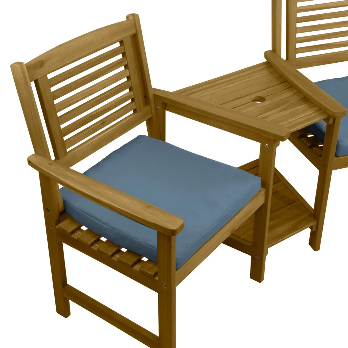 Companion seat with light blue cushions, crafted from natural wood, featuring slatted backrest and integrated side table for convenience