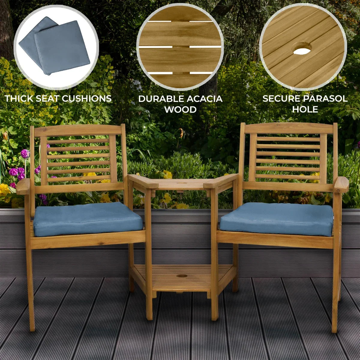 Companion seat set featuring two acacia wood chairs with thick blue cushions and a central table, ideal for outdoor relaxation