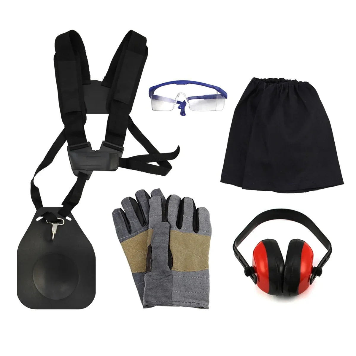 Safety gear set for T-Mech 5 in 1 52cc Petrol Garden Cutter, including gloves, ear protection, goggles, and a harness