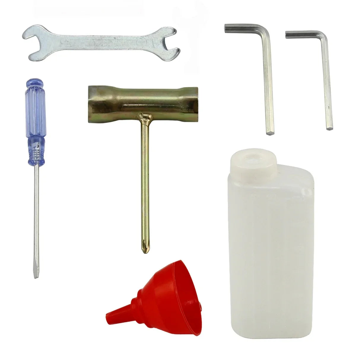 T-Mech 5 in 1 52cc Petrol Garden Cutter Multi Tool accessories including a wrench, screwdriver, funnel, and hex keys in various sizes