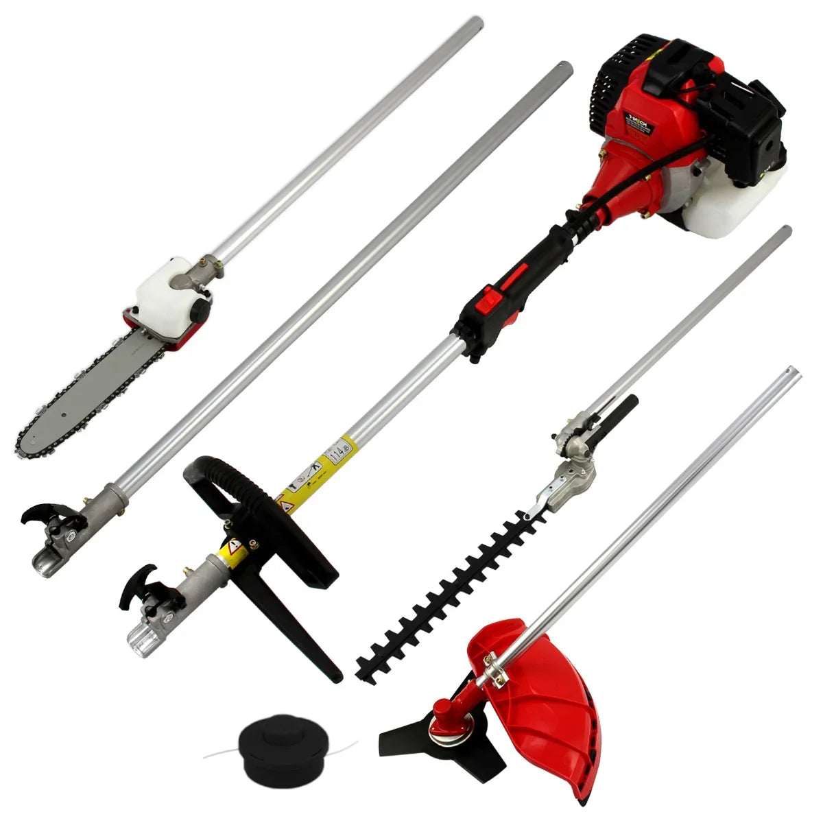 T-Mech 5 in 1 52cc petrol garden cutter multi-tool with red and black body, featuring interchangeable attachments for versatile gardening tasks