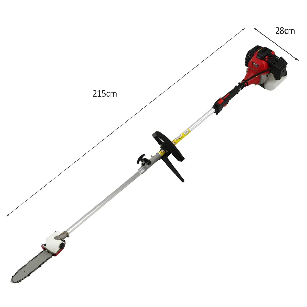 T-Mech 5 in 1 52cc petrol garden cutter multi-tool with a red and black design, featuring a long aluminum shaft and chainsaw attachment