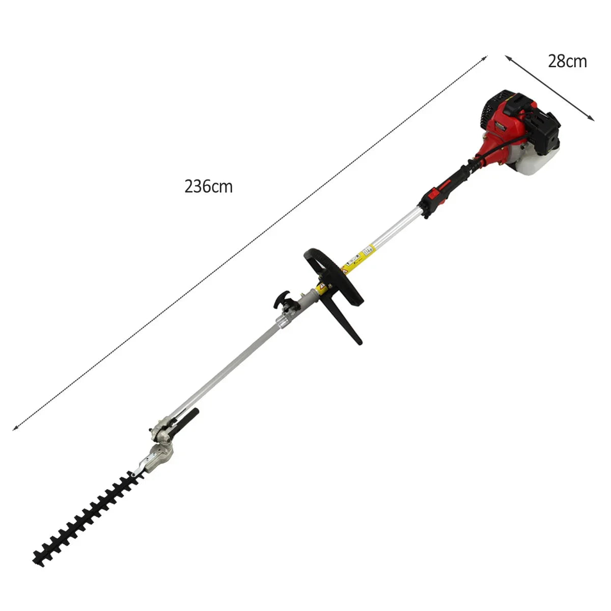 T-Mech 5 in 1 52cc petrol garden cutter multi-tool with a long silver shaft, red engine, and sharp dual-action hedge trimmer blade