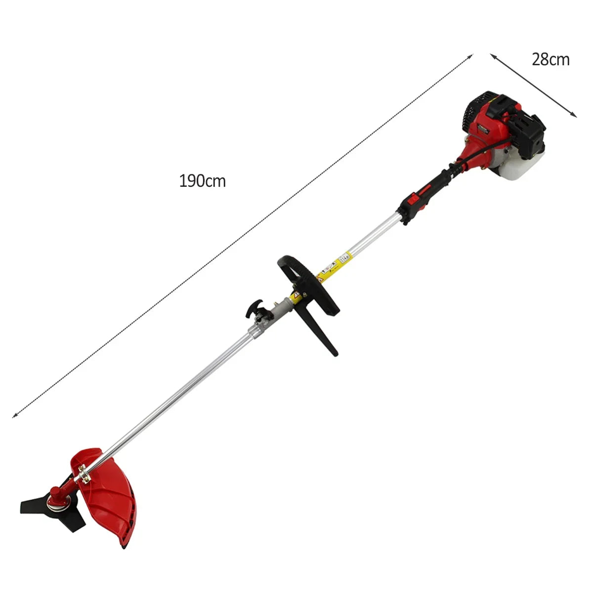 T-Mech 5 in 1 52cc petrol garden cutter multi-tool with a red and black design, featuring a long aluminum shaft and various attachments