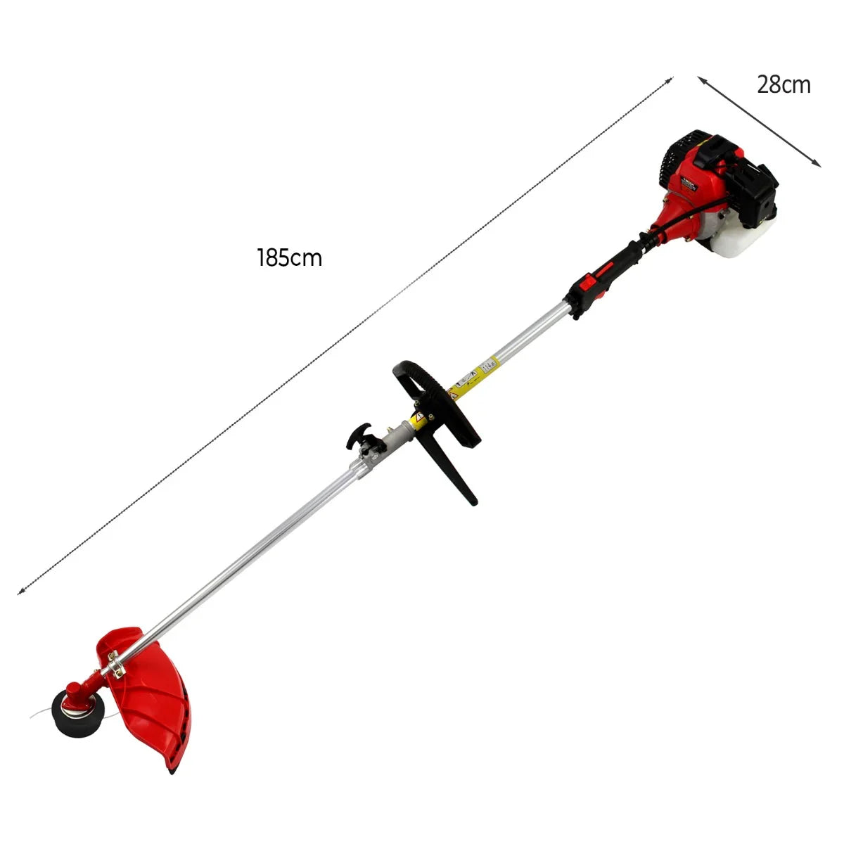 T-Mech 5 in 1 52cc petrol garden cutter multi-tool with a red cutting head, adjustable handle, and long silver shaft for versatile gardening tasks