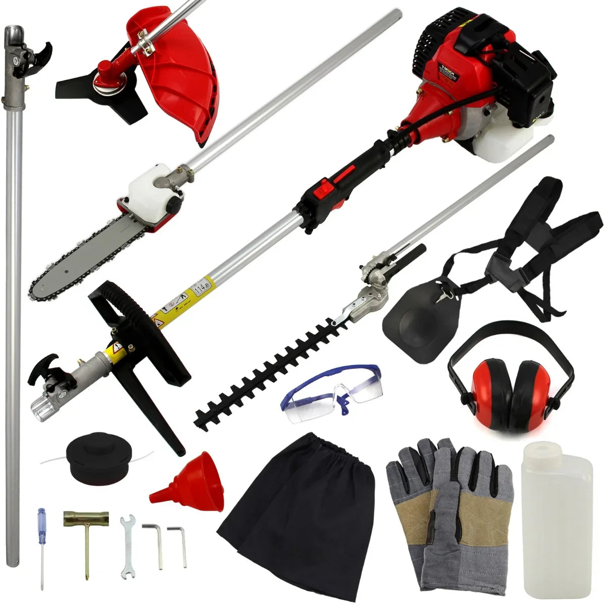 T-Mech 5 in 1 52cc petrol garden cutter multi-tool with various attachments, including a chainsaw, hedge trimmer, and protective gear