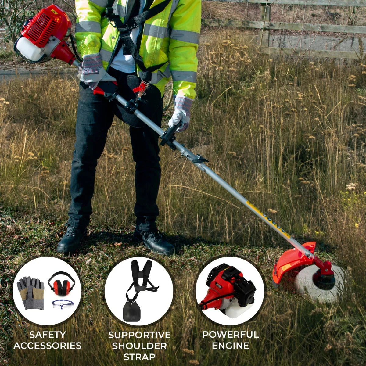 T-Mech 5 in 1 52cc petrol garden cutter multi tool with a red and black design, featuring a shoulder strap and safety accessories in use on grass
