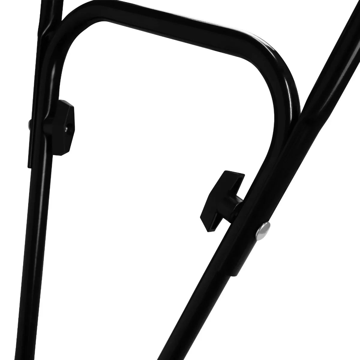 Close-up of the sturdy black frame of the T-Mech Petrol Garden Tiller, showcasing adjustable knobs and durable metal construction