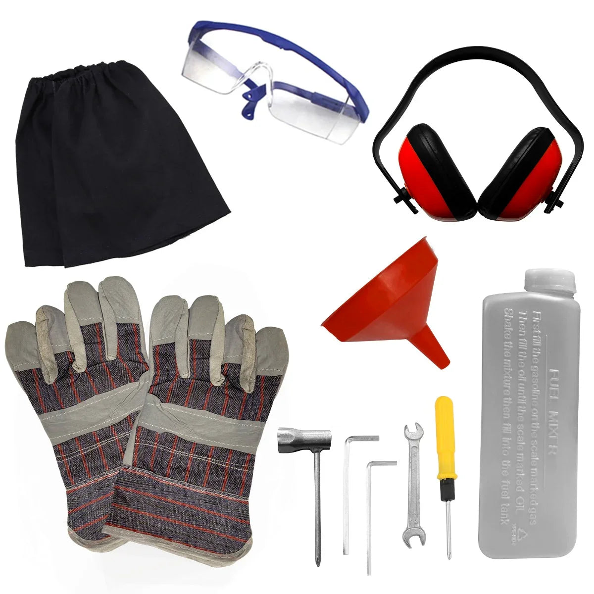 Protective gear set for T-Mech Petrol Garden Tiller, including gloves, goggles, earmuffs, funnel, and tools for safe operation