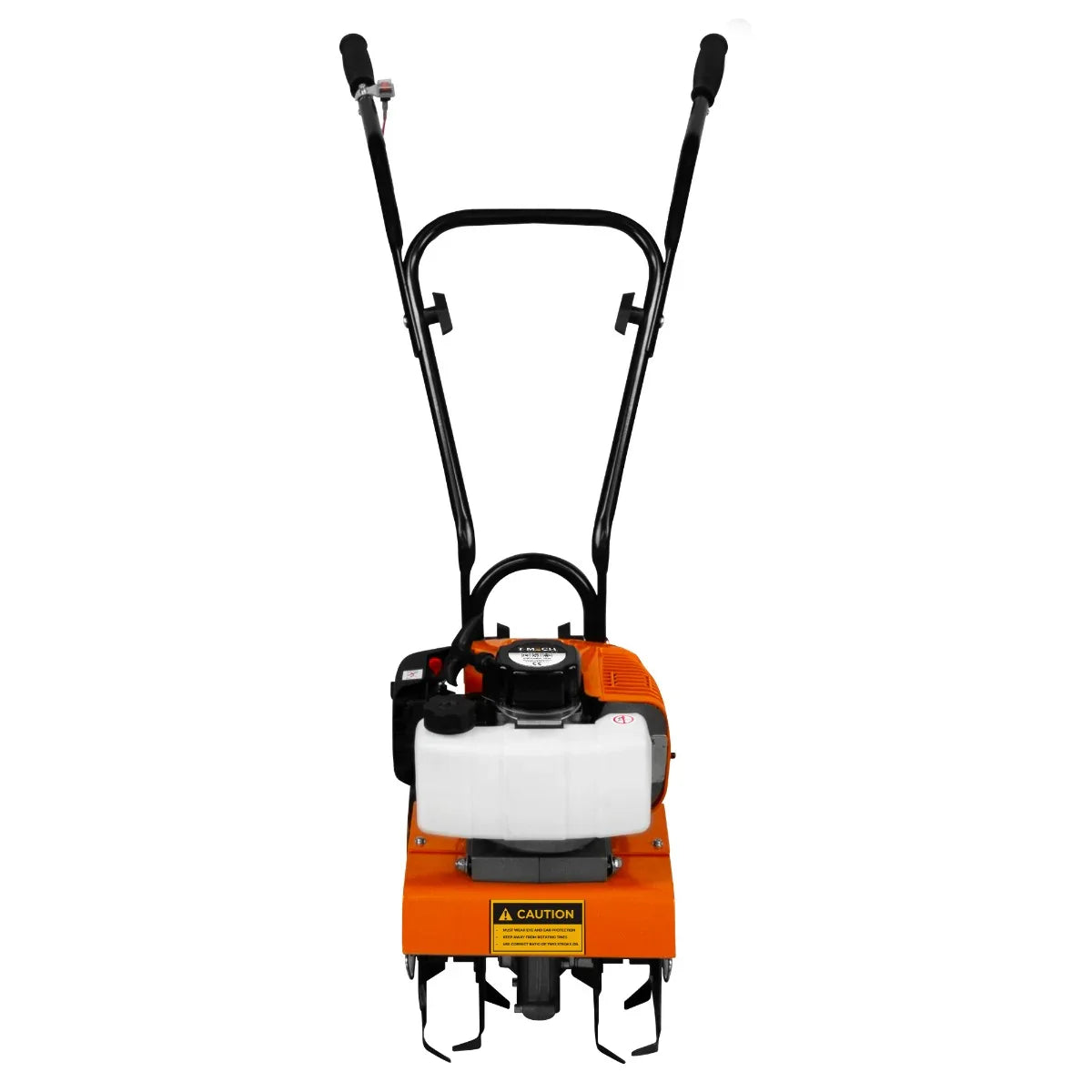 T-Mech Petrol Garden Tiller with black handles, orange body, and white fuel tank, designed for efficient soil cultivation