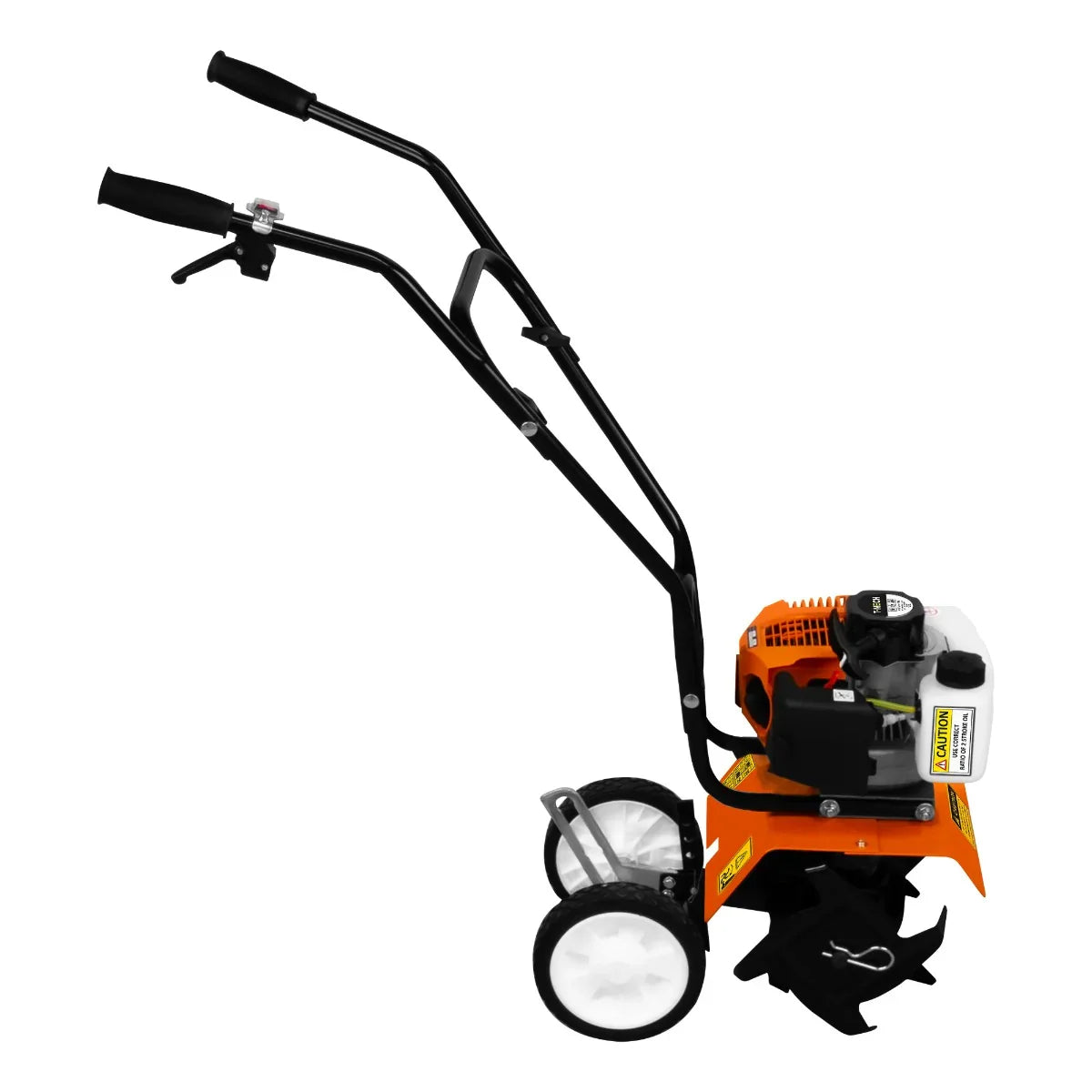 T-Mech Petrol Garden Tiller with black handles, orange engine casing, and sturdy wheels, designed for efficient soil cultivation