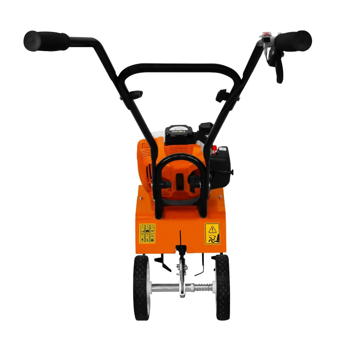 T-Mech Petrol Garden Tiller in vibrant orange with black handles, featuring sturdy wheels and a compact design for easy maneuverability