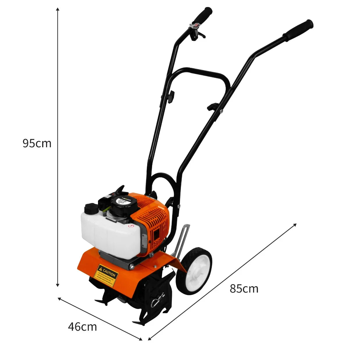T-Mech Petrol Garden Tiller in orange and white, featuring a sturdy frame, adjustable handles, and a compact design for easy maneuverability
