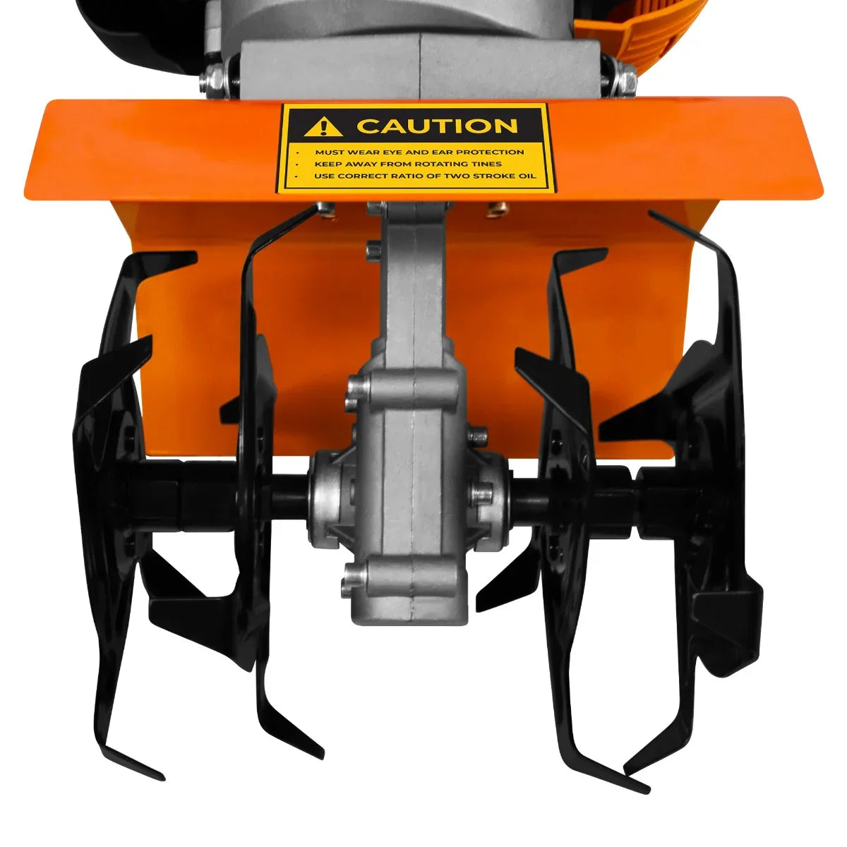 T-Mech Petrol Garden Tiller features sharp black metal tines, an orange protective cover, and a caution label for safety guidance