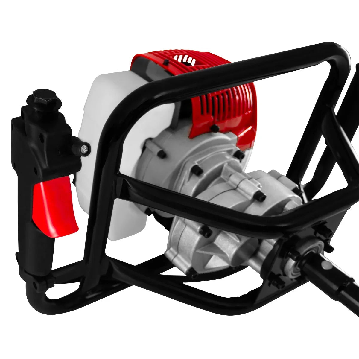 T-Mech Earth Auger features a powerful engine with a red and black frame, designed for efficient soil drilling and landscaping tasks