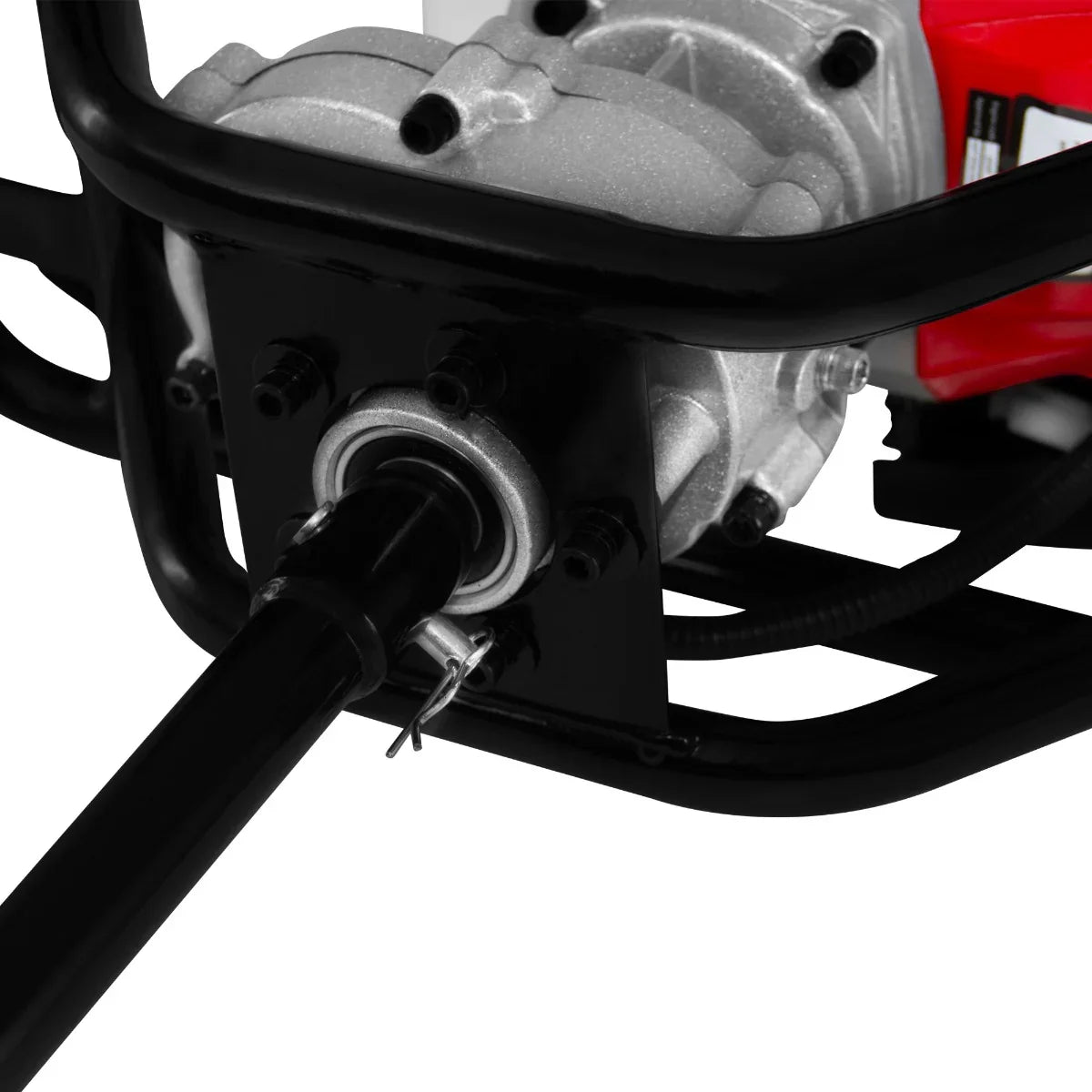 Close-up of T-Mech Earth Auger engine mount, showcasing silver metal components, black frame, and detailed mechanical parts