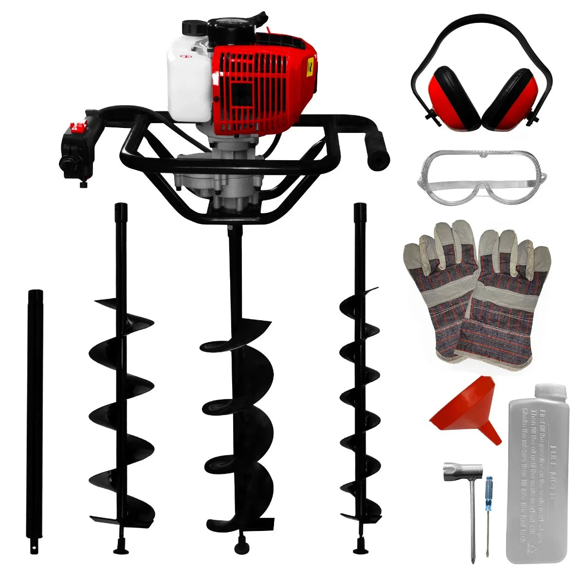 T-Mech Earth Auger with 4-Stroke Post Driver, featuring red engine, black auger bits, safety gloves, goggles, and funnel accessories
