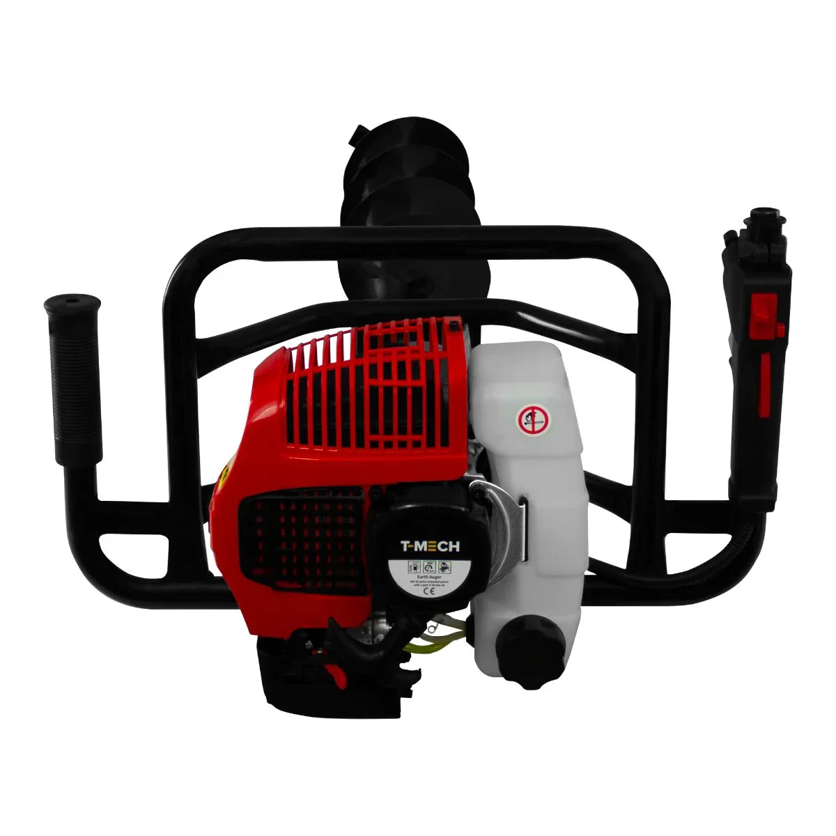 T-Mech Earth Auger with a red and black 4-stroke engine, featuring a sturdy frame and ergonomic handles for easy operation