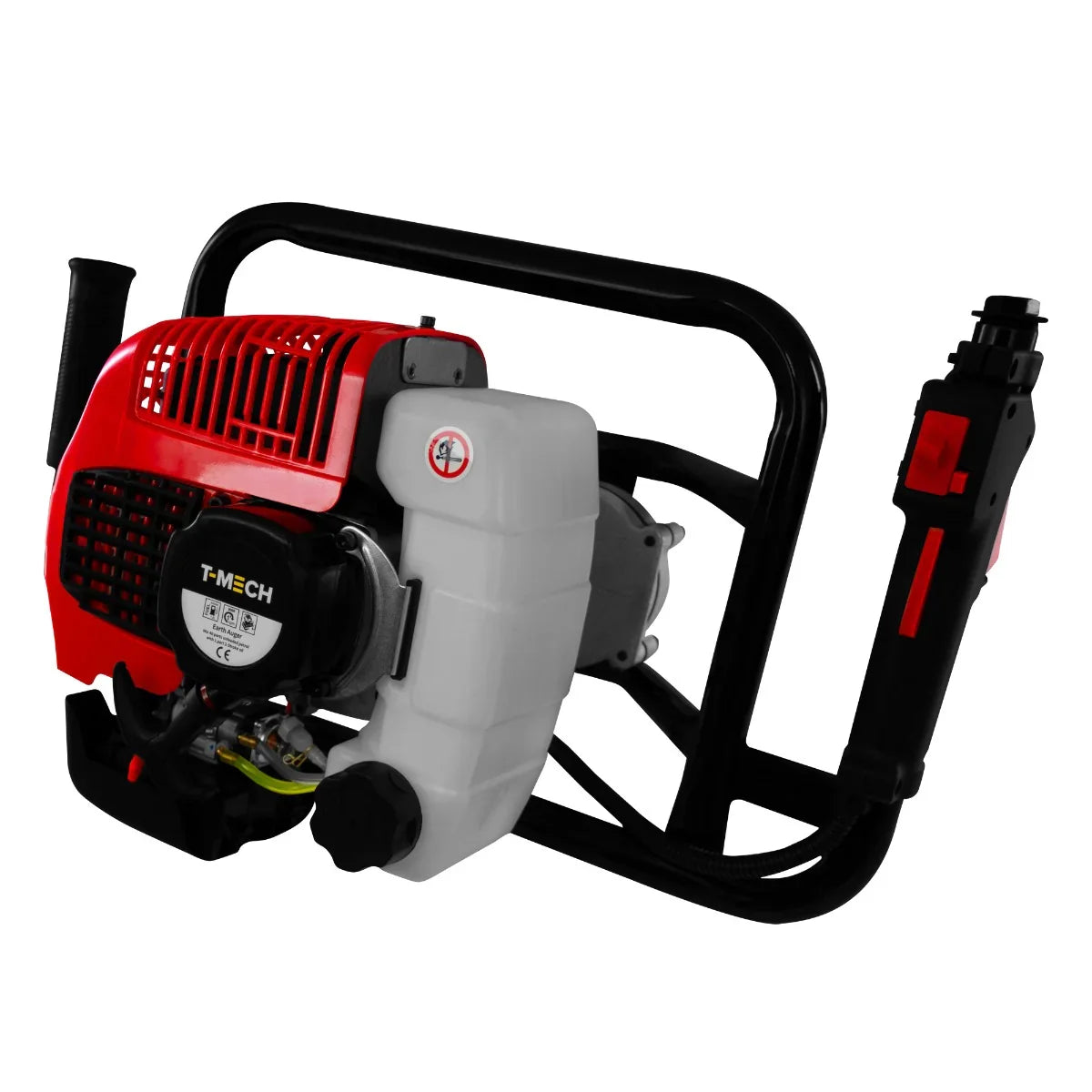 T-Mech Earth Auger with a red and black engine, featuring a sturdy frame and a 4-stroke post driver for efficient drilling