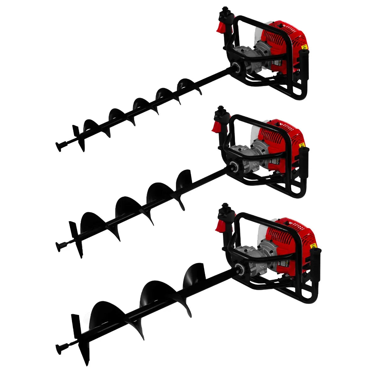 T-Mech Earth Auger with 4-Stroke Post Driver, featuring a red engine, black auger bits in varying lengths for efficient drilling