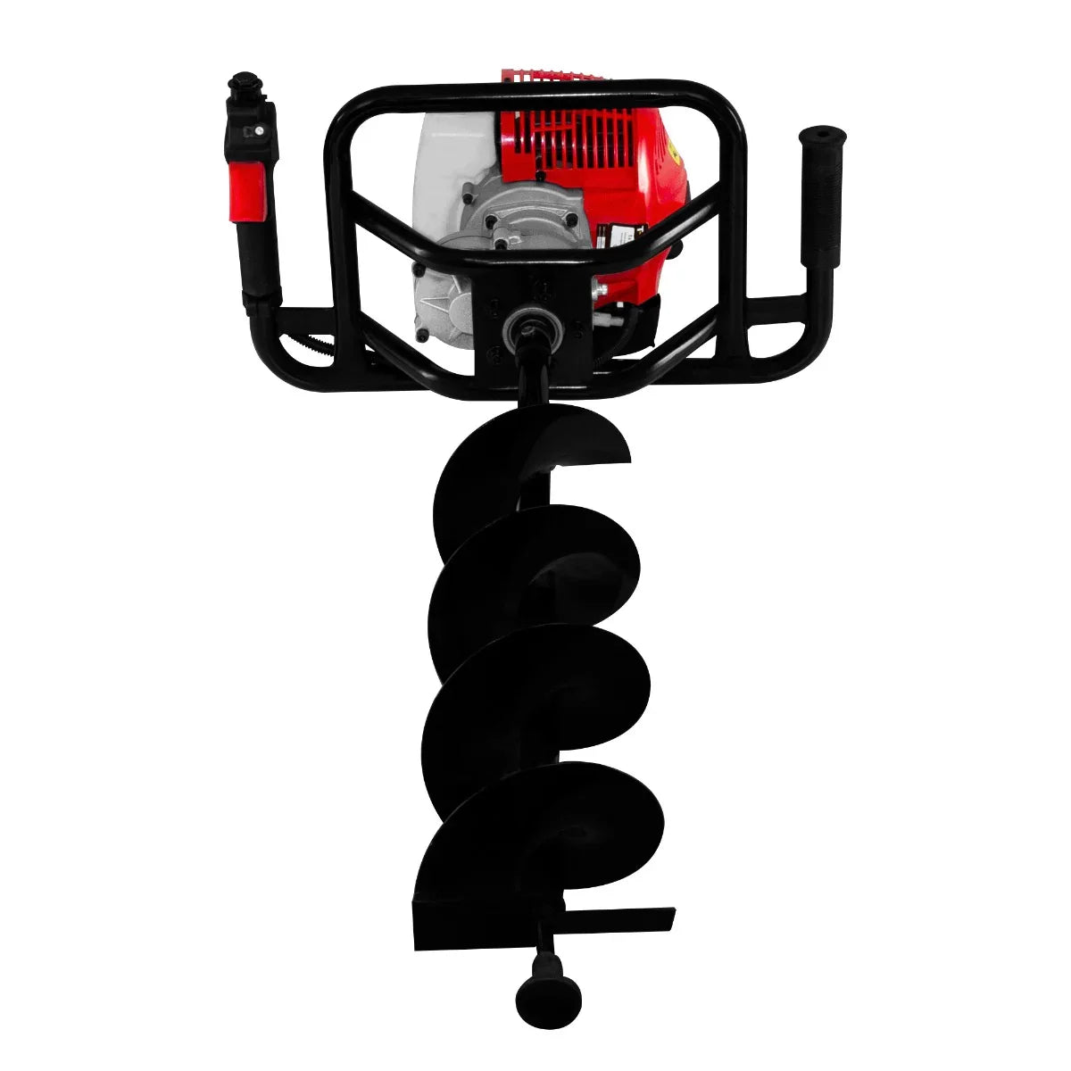 T-Mech Earth Auger with a red engine, black metal frame, and spiral drill bit, designed for efficient soil digging and planting