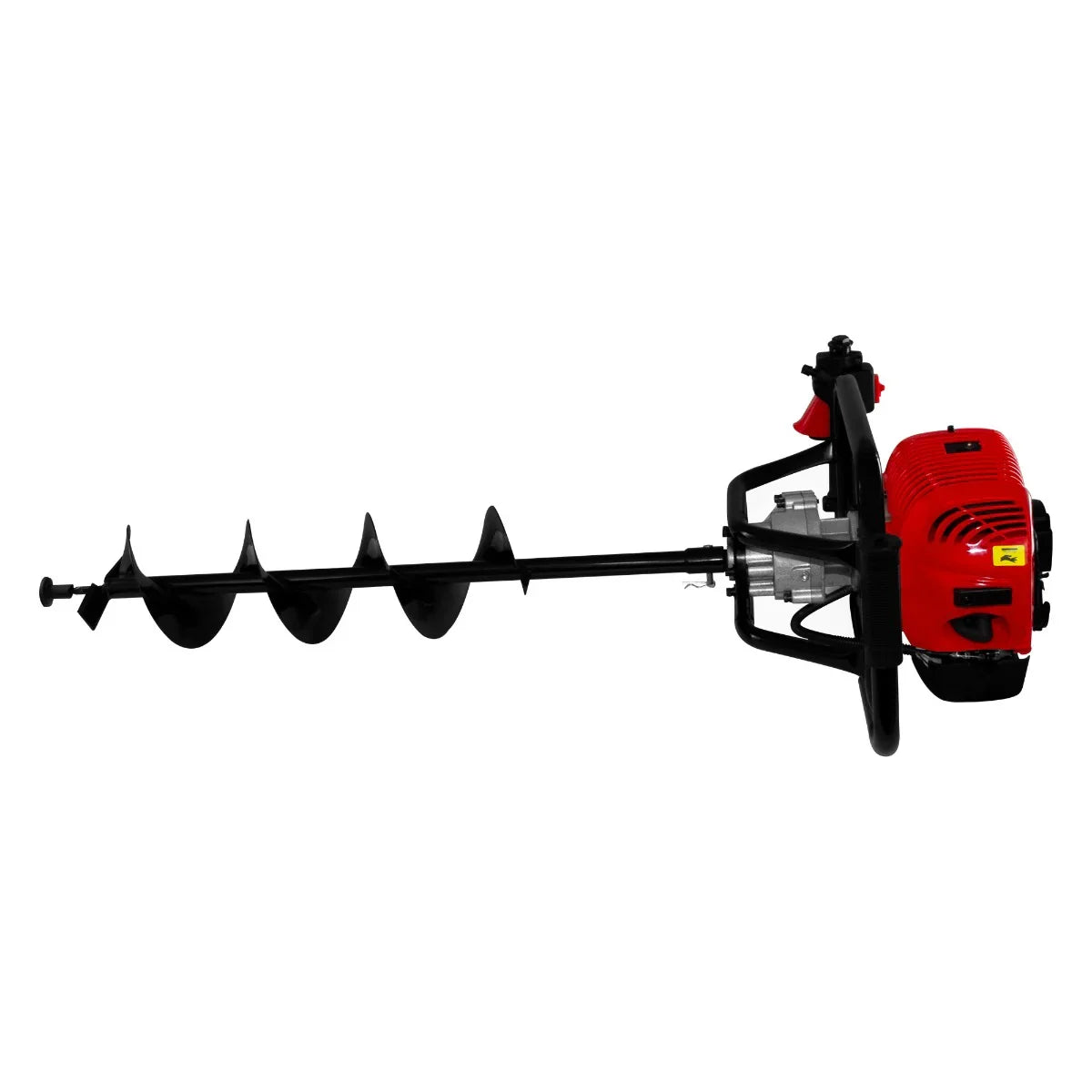 T-Mech Earth Auger with a red engine, black drill bit, and sturdy handle, designed for efficient soil drilling and landscaping tasks
