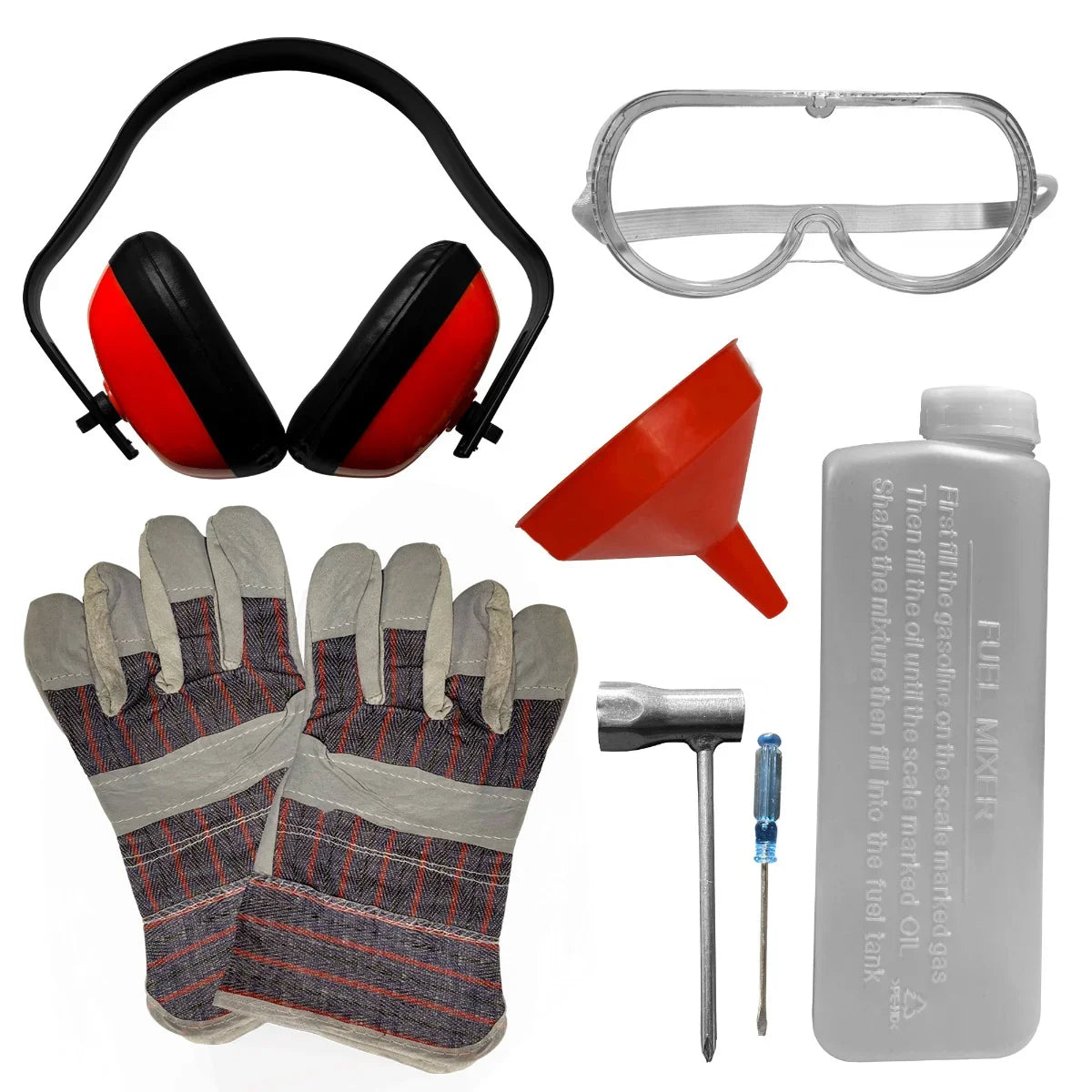 T-Mech Earth Auger kit with red earmuffs, safety goggles, funnel, gloves, and a bottle for fuel mixing, all essential for operation