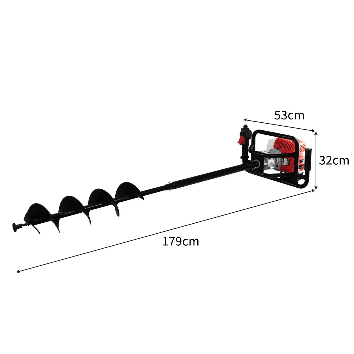 T-Mech Earth Auger with a 120mm drill bit, featuring a red engine, black handle, and measurements of 179cm length and 53cm width