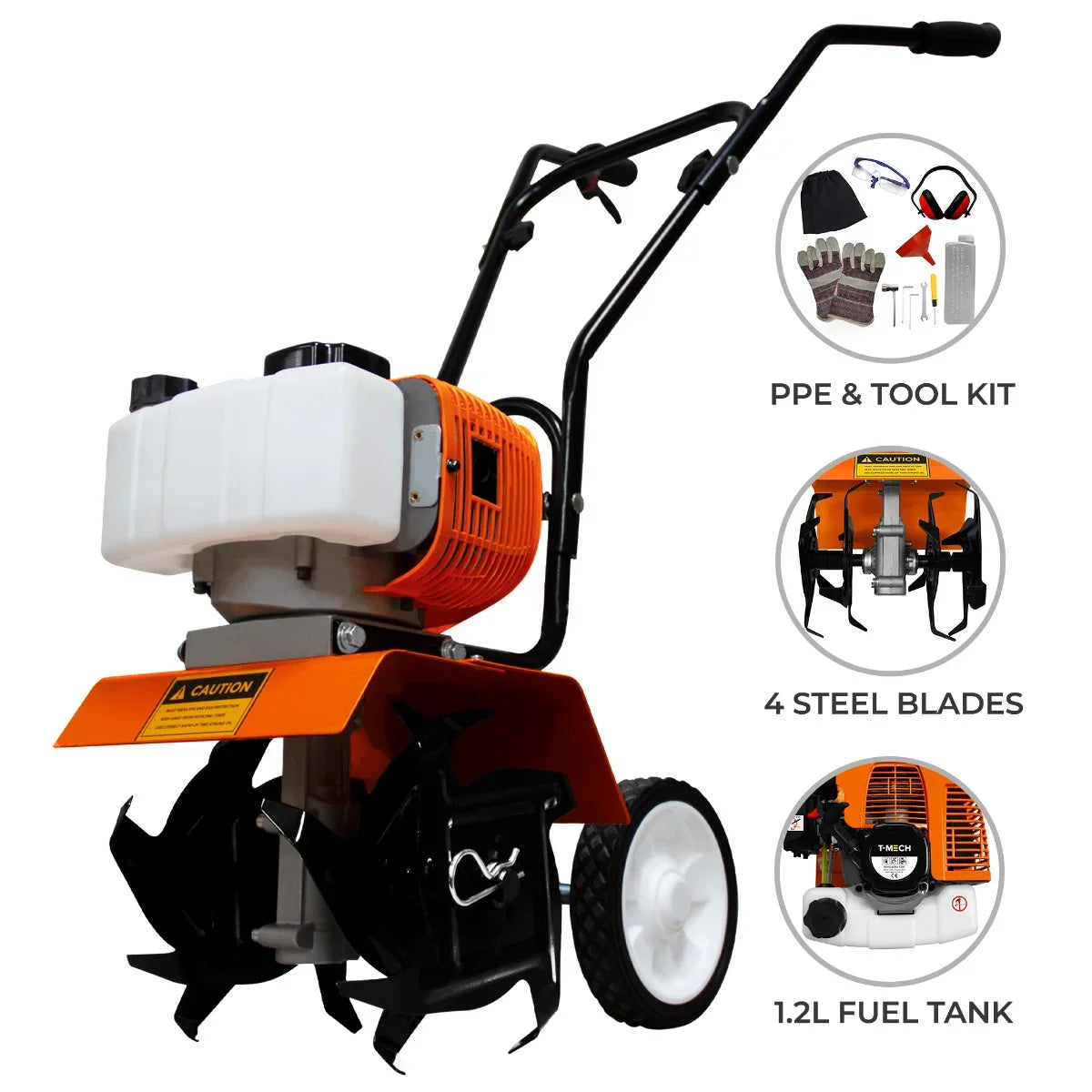 T-Mech Petrol Garden Tiller with orange and black design, featuring four steel blades, a 1.2L fuel tank, and included tool kit