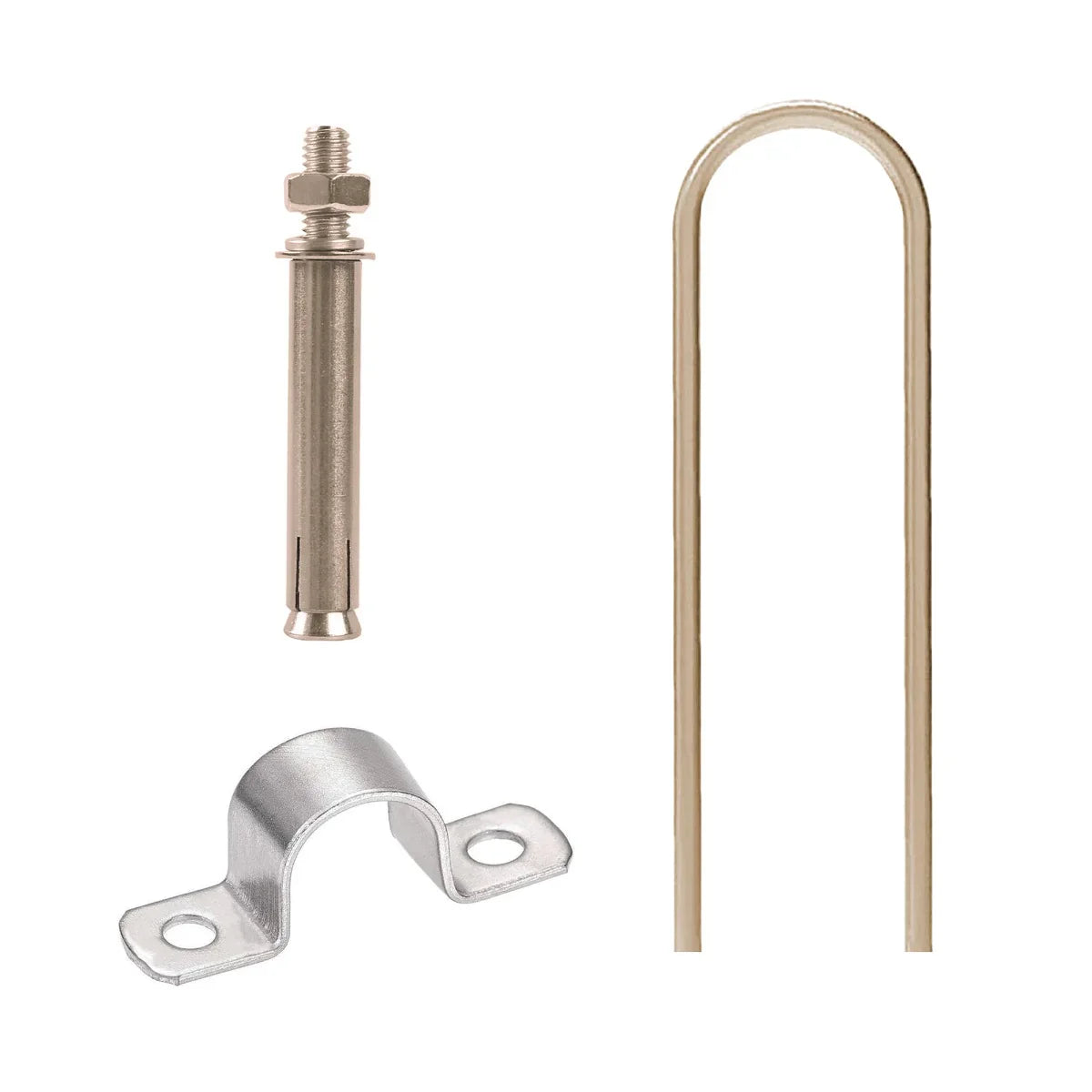 Metal components for golf practice cage assembly, including a bolt, a U-shaped bracket, and a ground stake for stability
