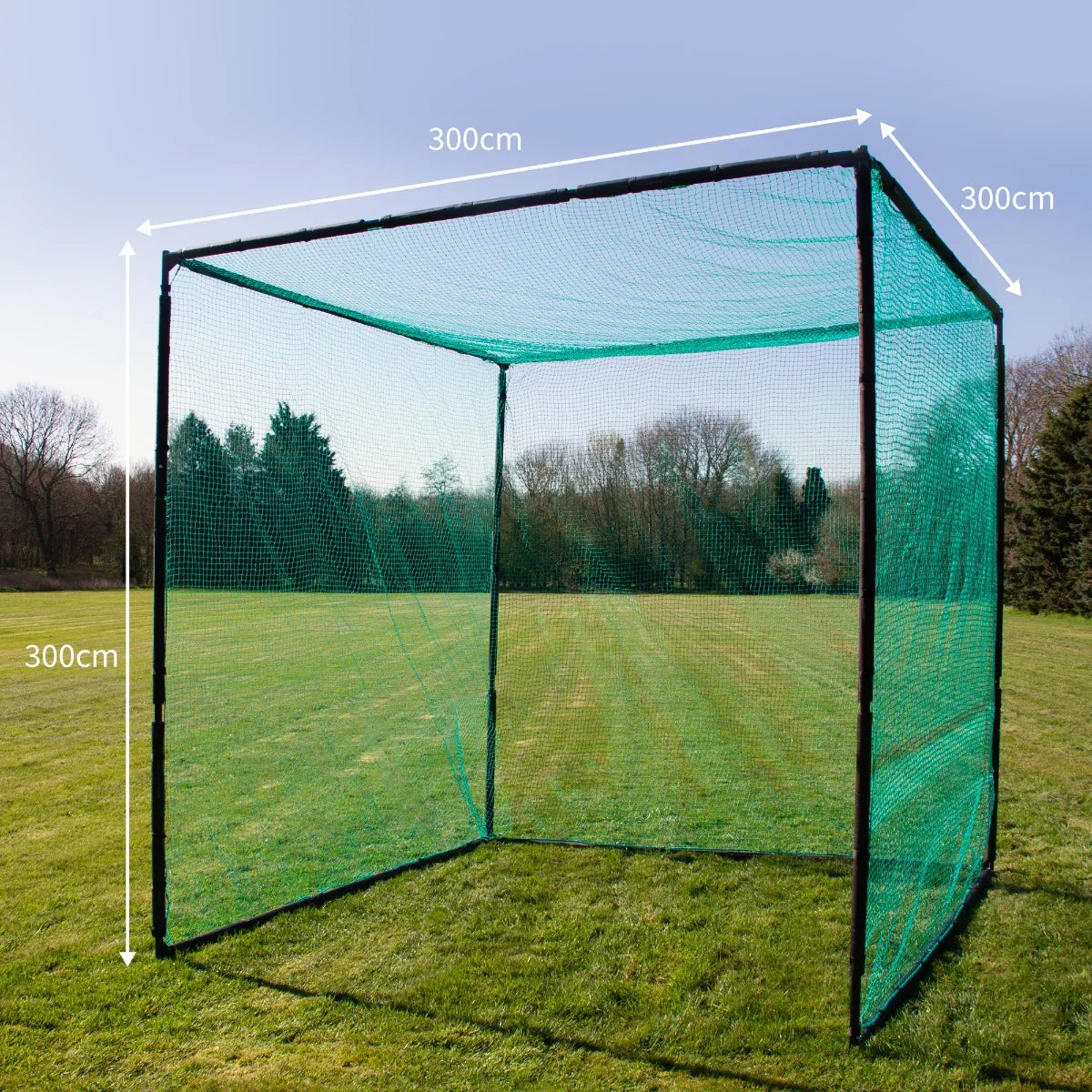 Golf practice cage with a durable green net, featuring a spacious 300cm x 300cm frame, ideal for backyard training sessions
