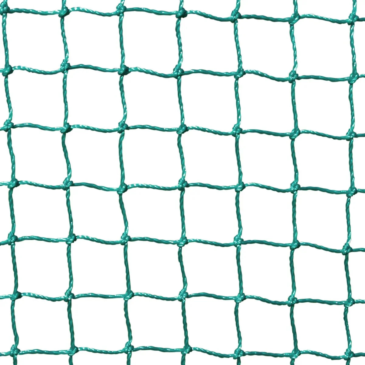 Close-up of a durable green mesh netting with square openings, designed for use in a golf practice cage to catch golf balls